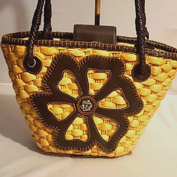Brighton Handbags - Brighton Wicker Bag with Genuine leather trim and Large Flower Applique Hangtag